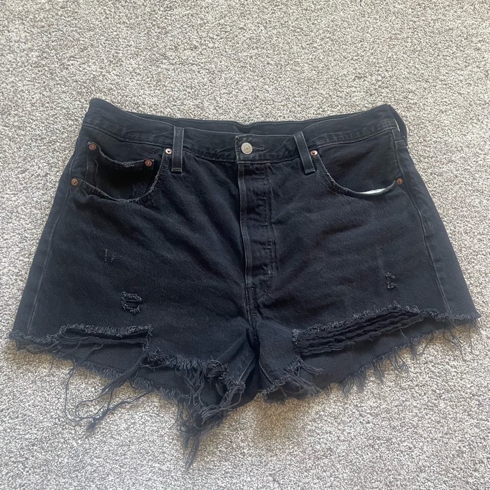 Levi’s 501 Distressed Black Wash Denim Jean Shorts